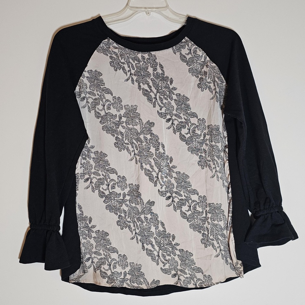 Lane Bryant Shirt Womens 14/16 Black White Floral Print Ruffle Sleeve Top